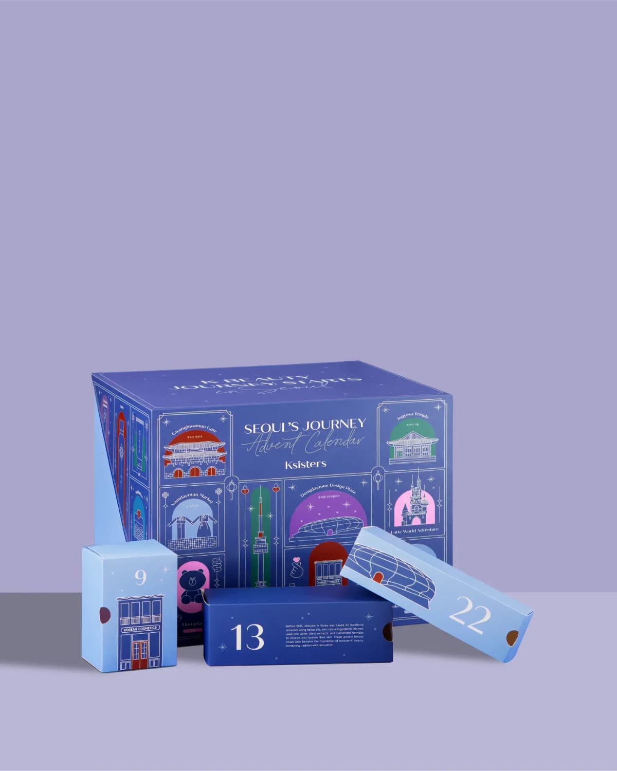 Blue box illustrated with Seoul landmarks beside three numbered windows, 9, 13 and 22, on a lilac backdrop