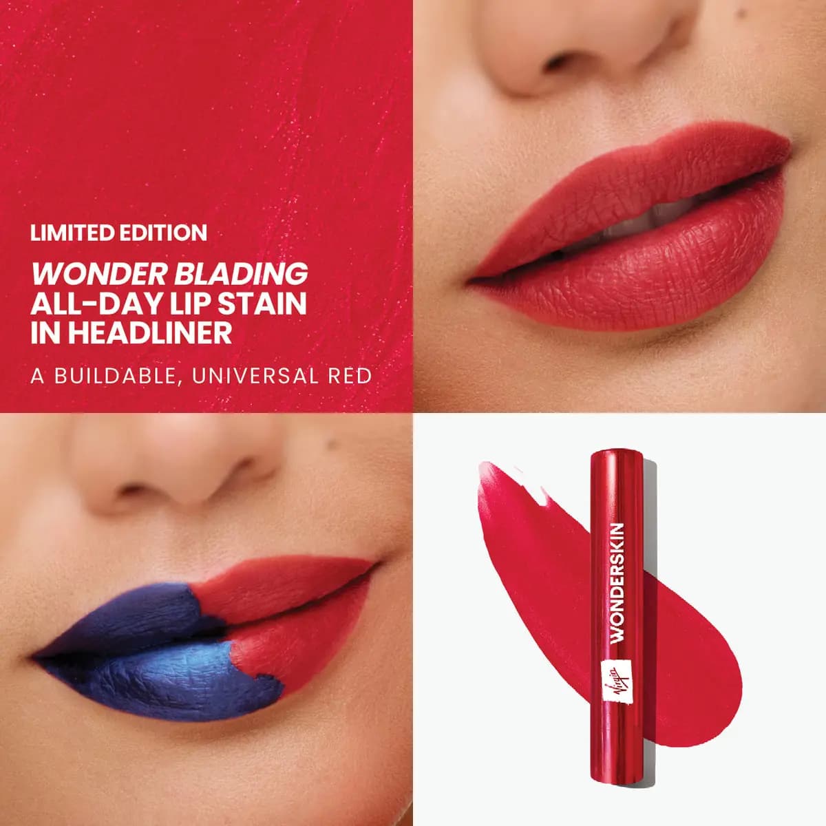 Grid of red swatch, matte red lips, half-blue half-red lips and red Virgin Wonderskin tube on a red smear