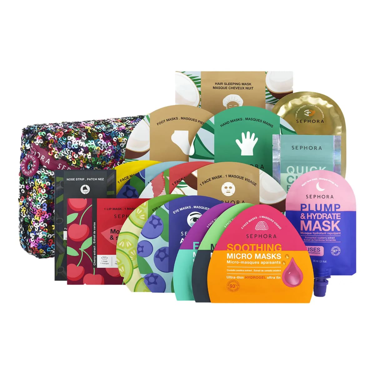 Sequin Sephora pouch surrounded by colourful sheet masks for face, eyes, lips, hands, feet, hair plus Plump & Hydrate Mask
