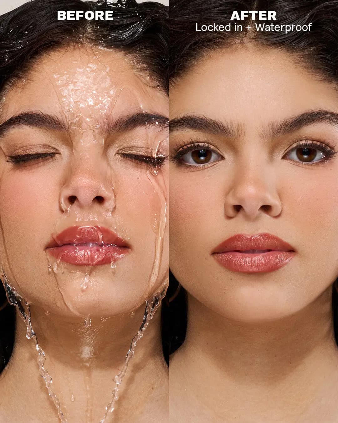 Model with water running over her face before, and dry intact makeup after, labeled 'Locked in + Waterproof
