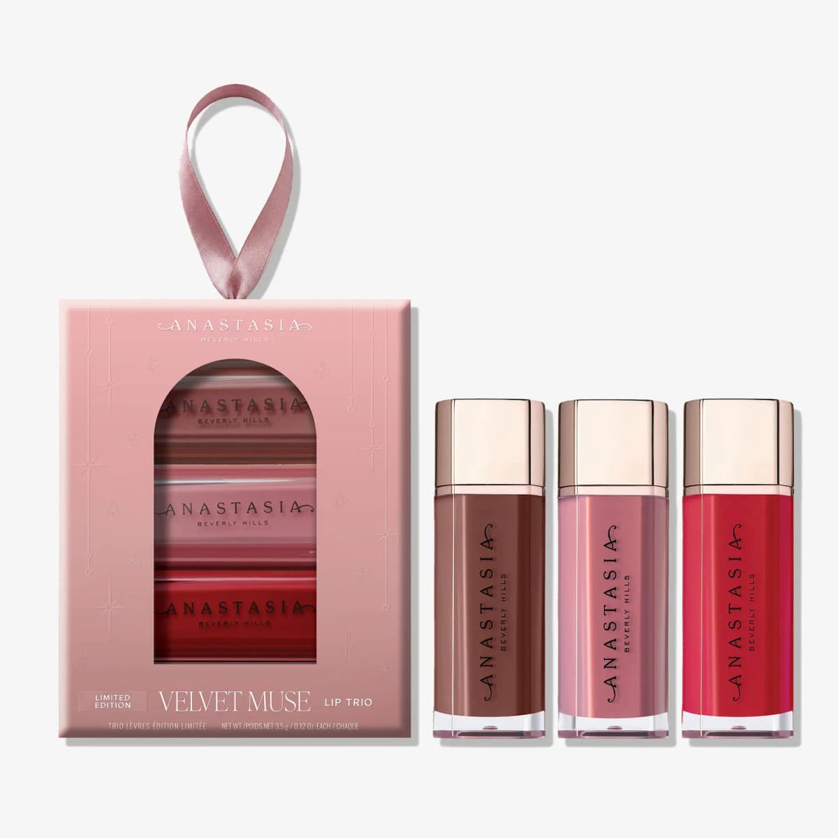 Velvet Muse lip trio ornament box with ribbon and three liquid lip tubes in brown, dusty pink and red