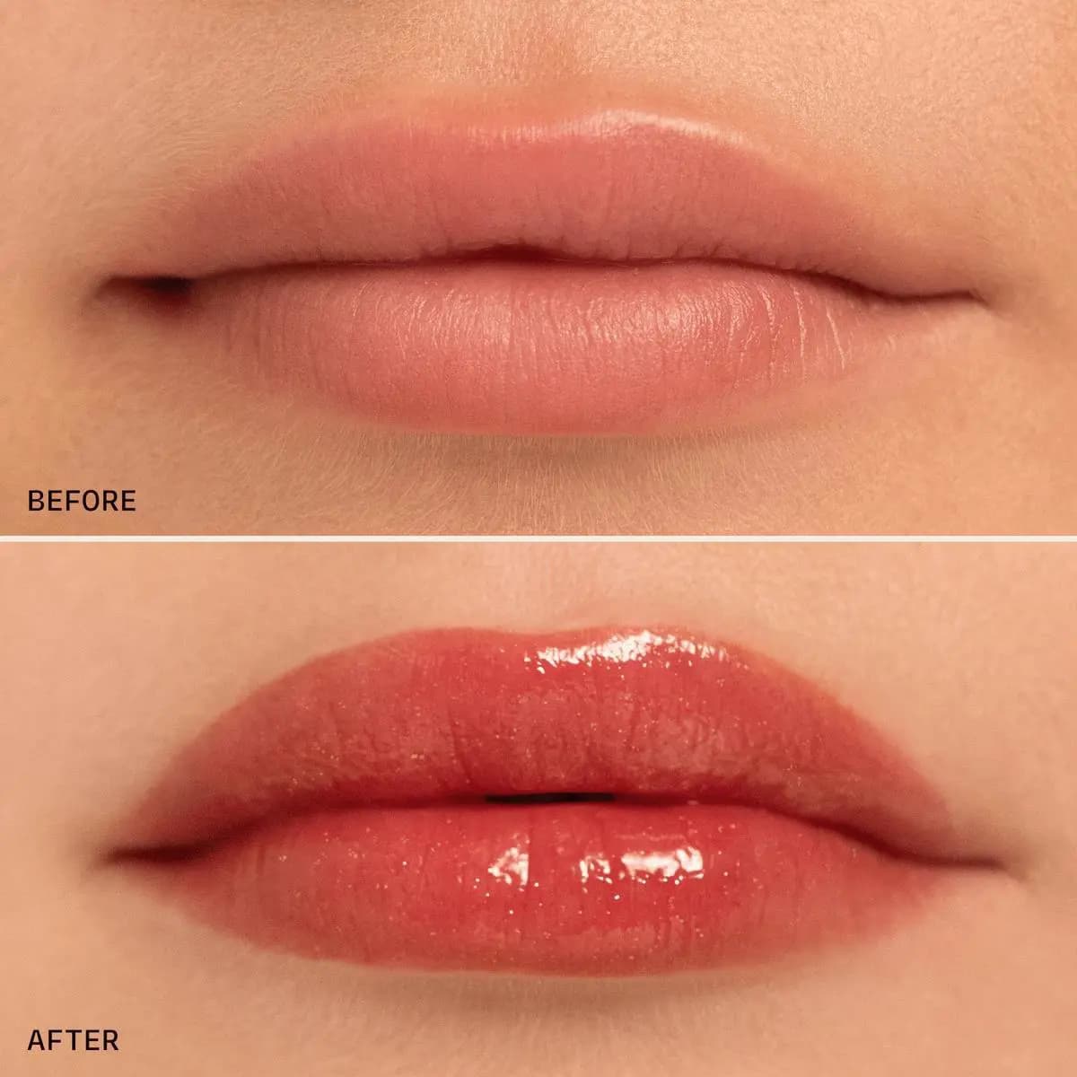 Before and after on light skin: bare lips, then a glossy coral-red tint with fine shimmer