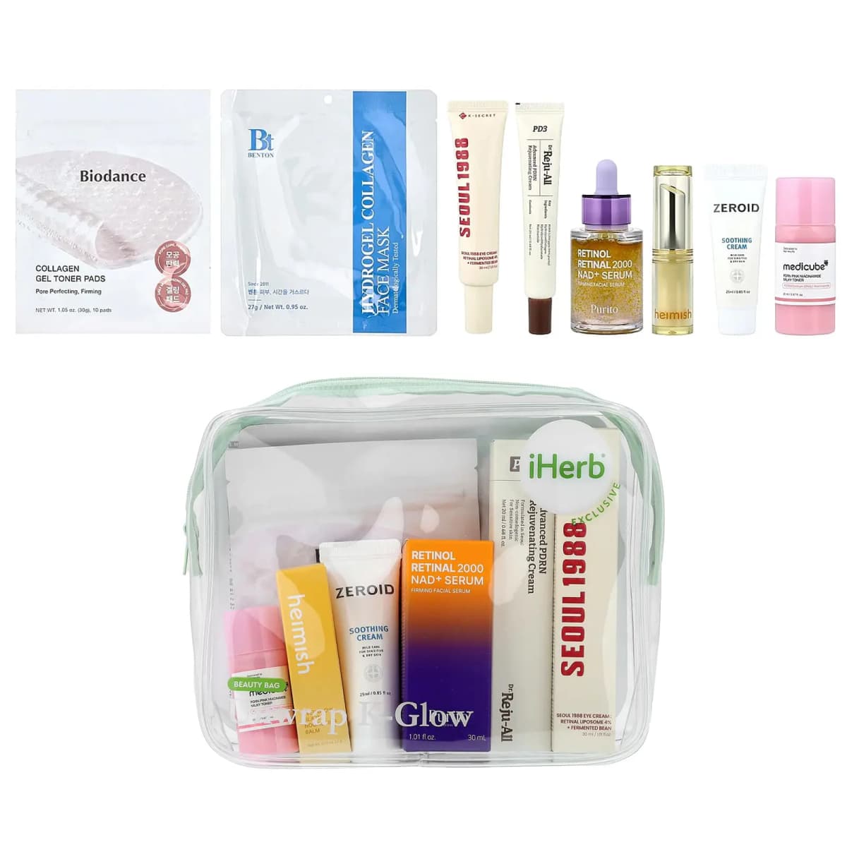 Nine-piece K-beauty set laid out with skincare products above a clear green-zippered iHerb pouch containing the same items