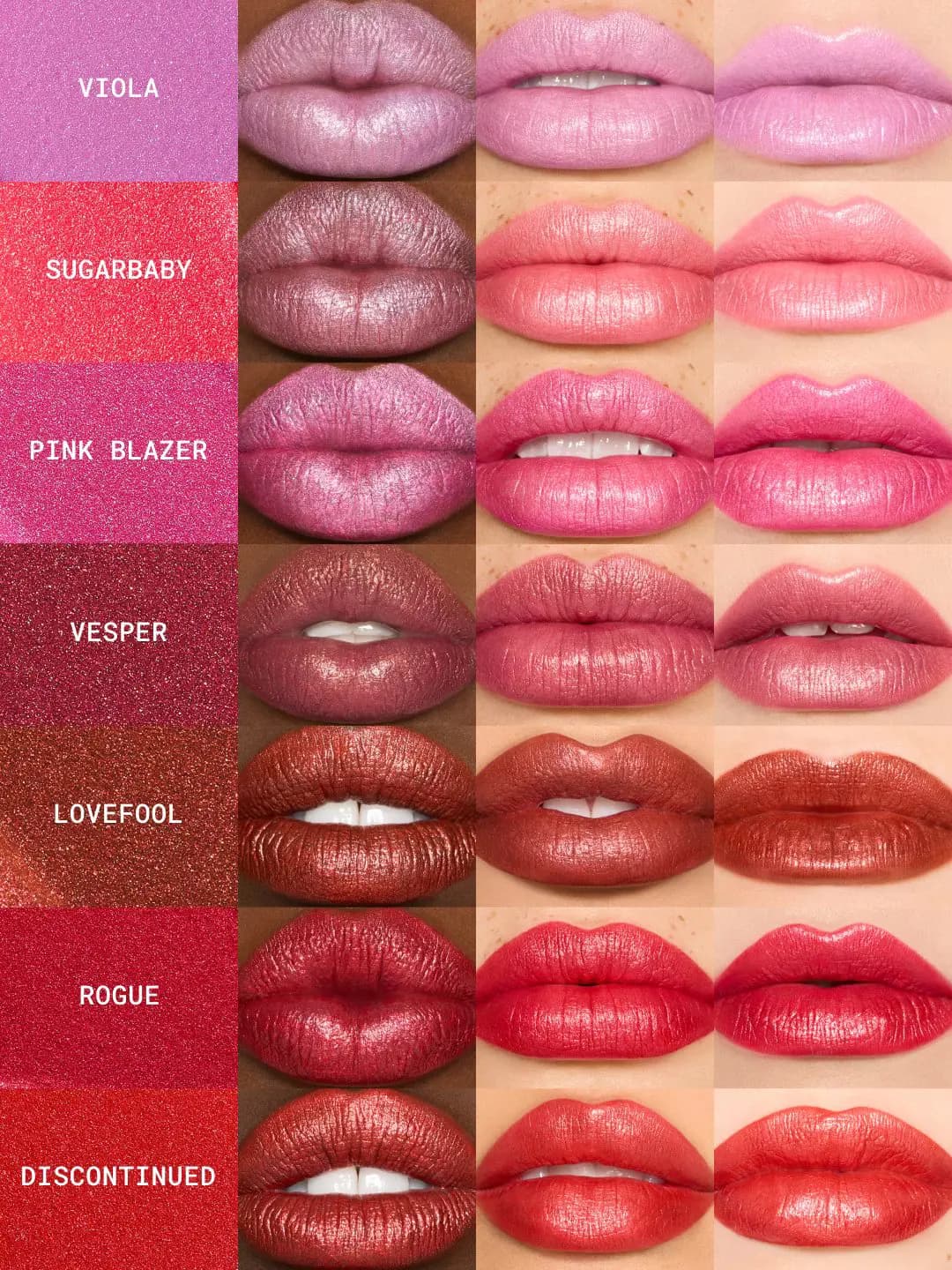 Frost shade chart of Viola, Sugarbaby, Pink Blazer, Vesper, Lovefool, Rogue and Discontinued swatched on three skin tones