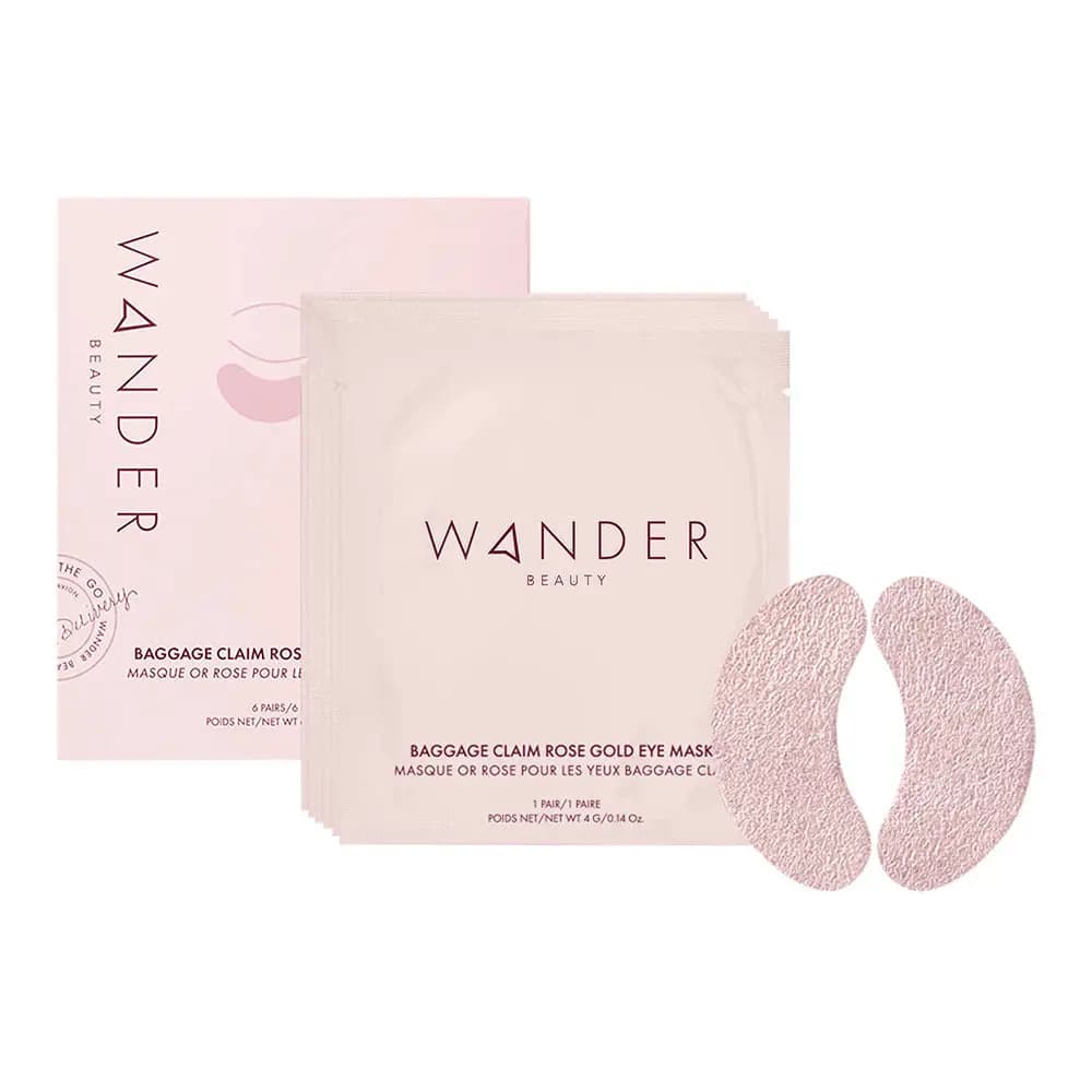 Baggage Claim Rose Gold Eye Masks pink box and sachets beside a pair of textured rose gold foil under-eye patches