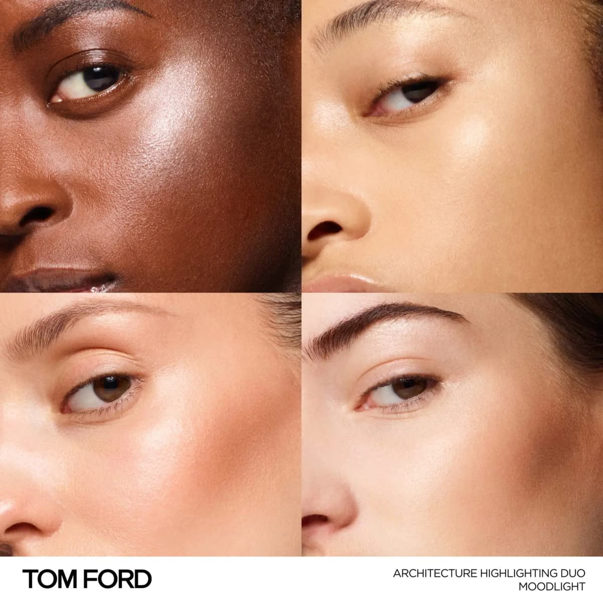 Four close-ups of models with deep to fair skin wearing Moodlight, showing a soft nude glow on the cheekbones.