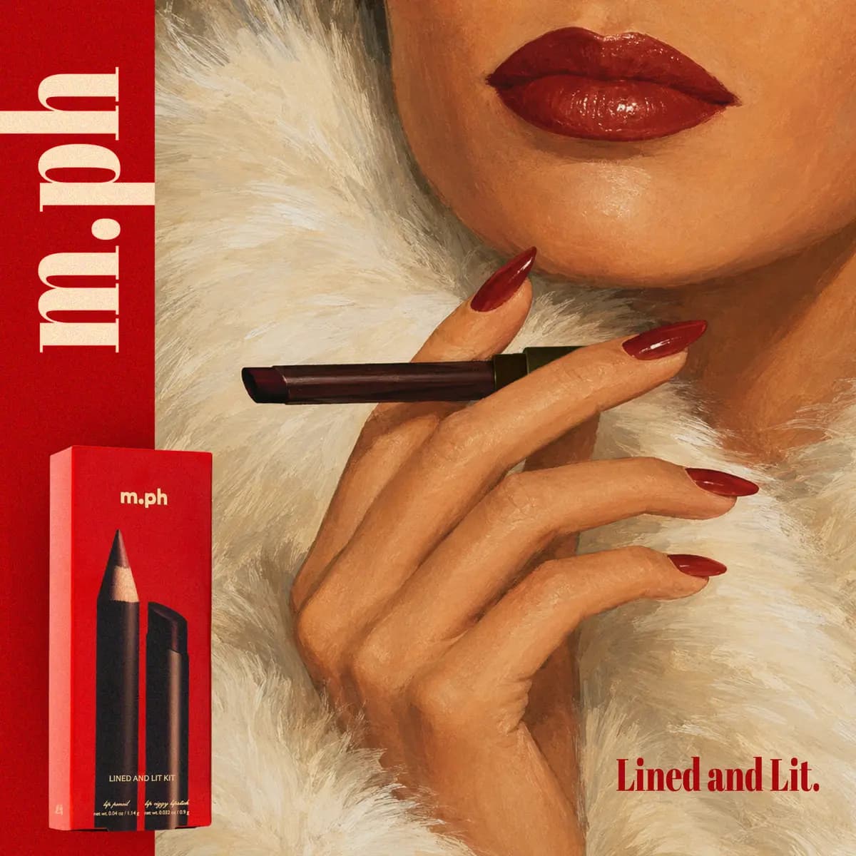 Painted close-up of glossy red lips and red nails holding a Lip Ciggy against white fur beside the Lined and Lit Kit