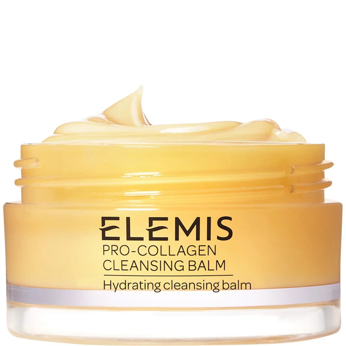Elemis Pro-Collagen Cleansing Balm in an open jar showing golden yellow balm