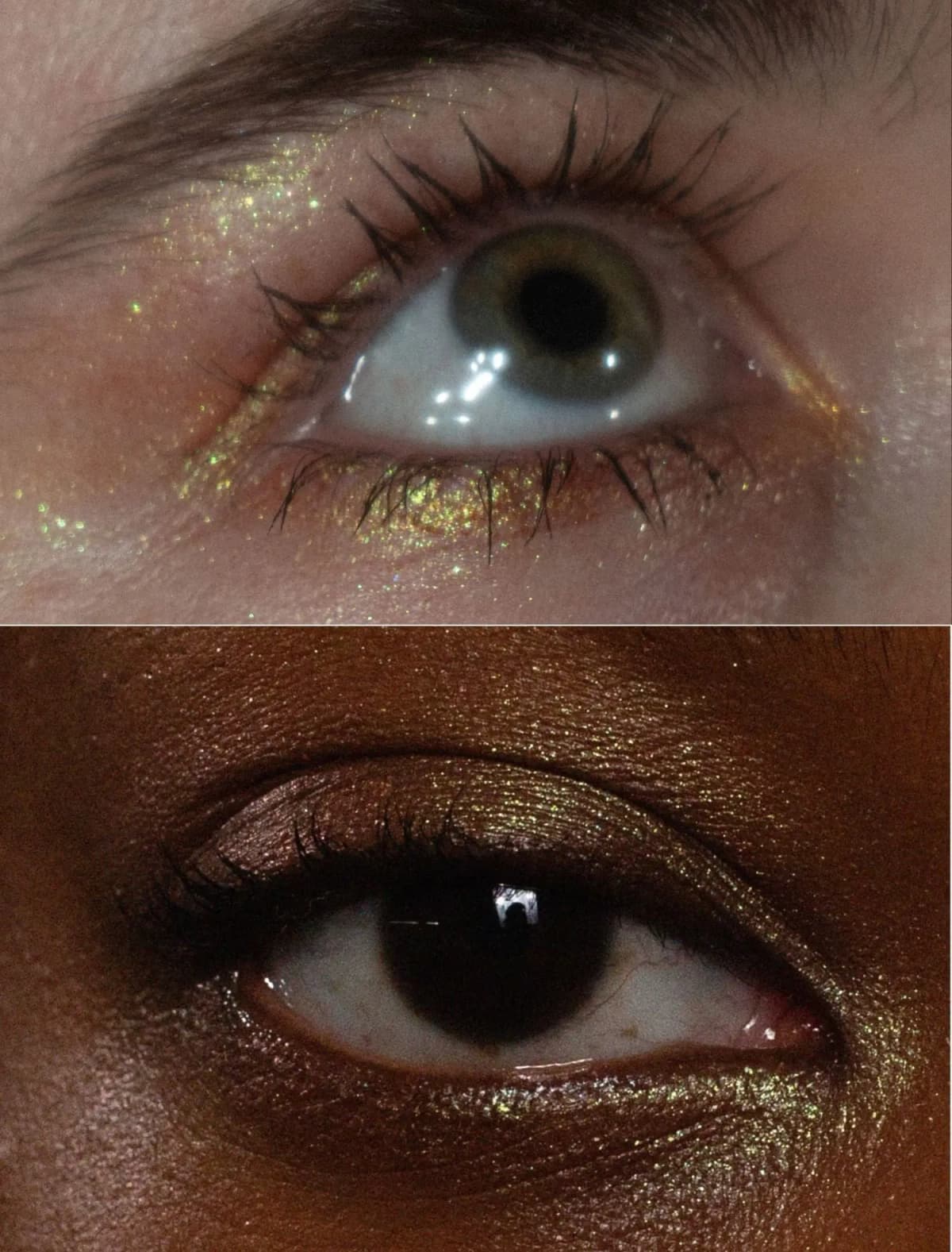 Gold-green glitter along the lash lines of a green eye above; olive-gold shimmer framing a brown eye below