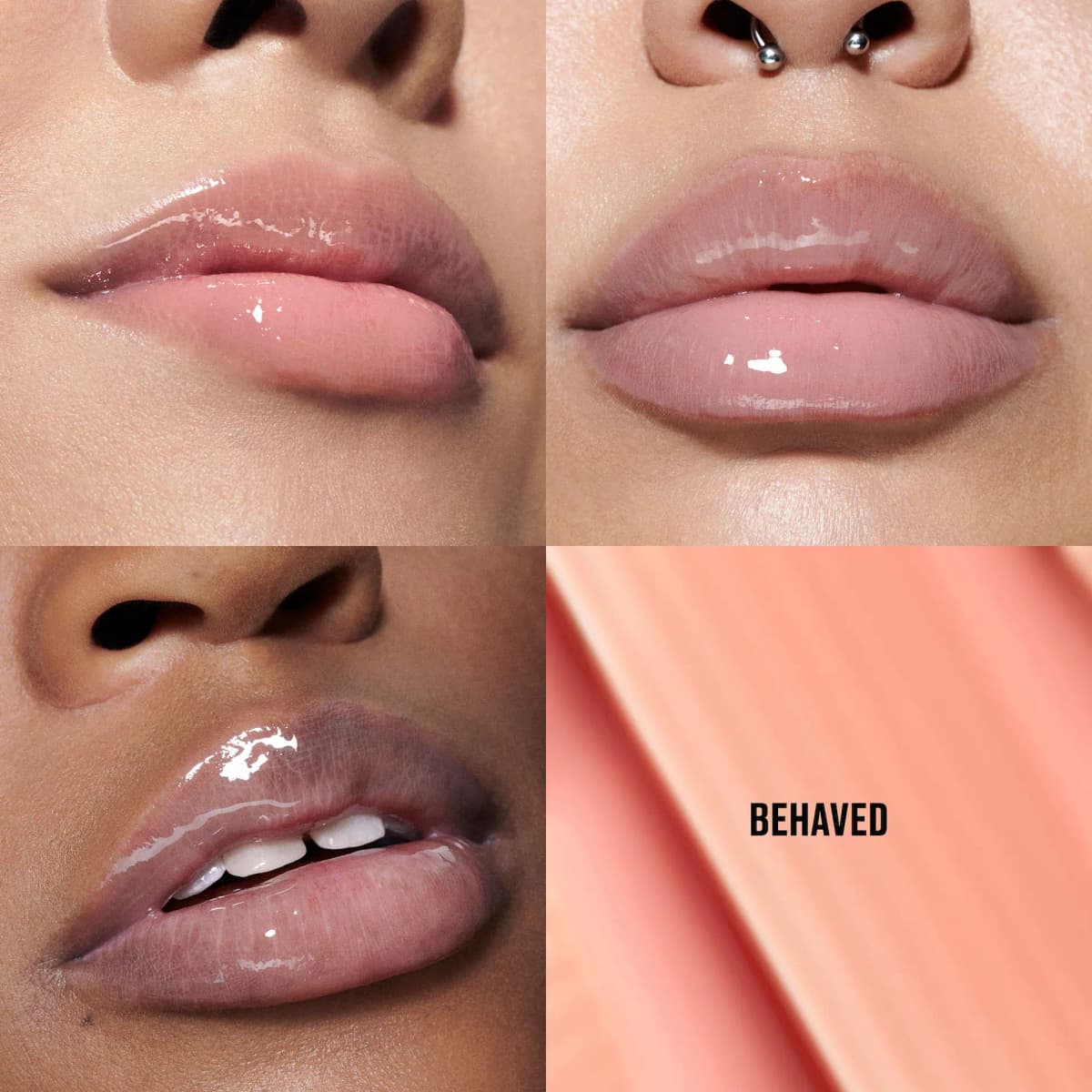Behaved Lipglass Air on three skin tones as a sheer glossy pink nude, beside a peachy swatch