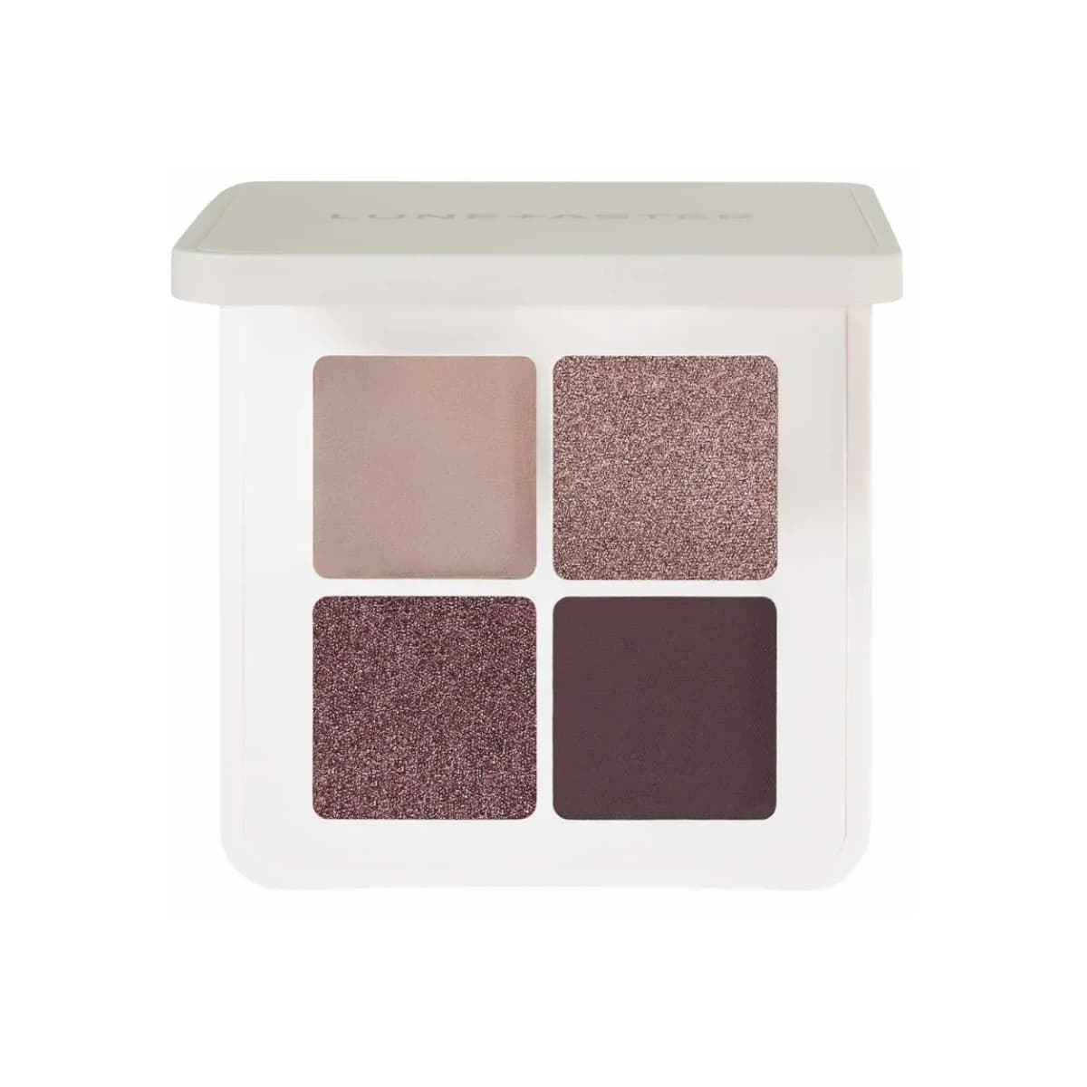 White Eyeshadow Quad with matte taupe, shimmering mauve, sparkly plum-mauve and matte deep plum shades