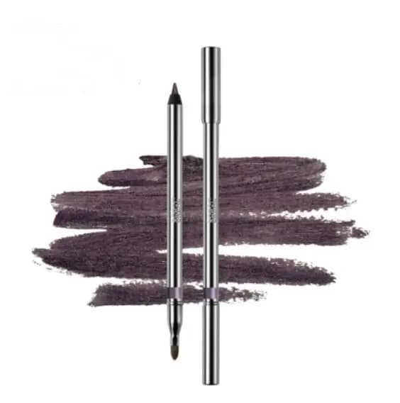 Sarah Creal Eyes Up Creamy Kajal Eyeliner in Speakeasy Plum, two silver pencils, one with brush, over a deep plum swatch