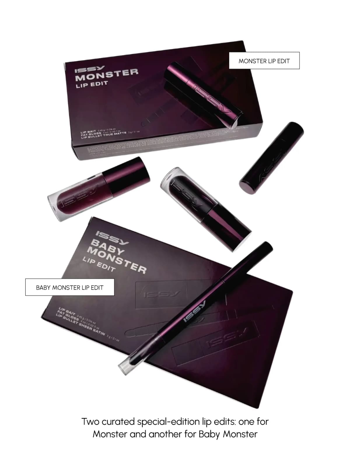ISSY Monster and Baby Monster Lip Edit boxes with plum lip products scattered on a white background