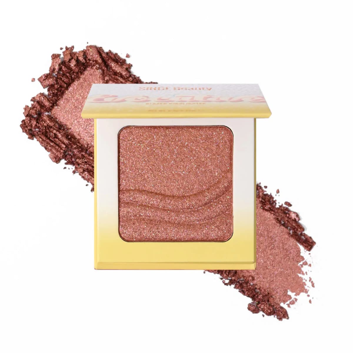Rose-copper glazed highlighter compact with wave pattern over rich pink-bronze powder swatch