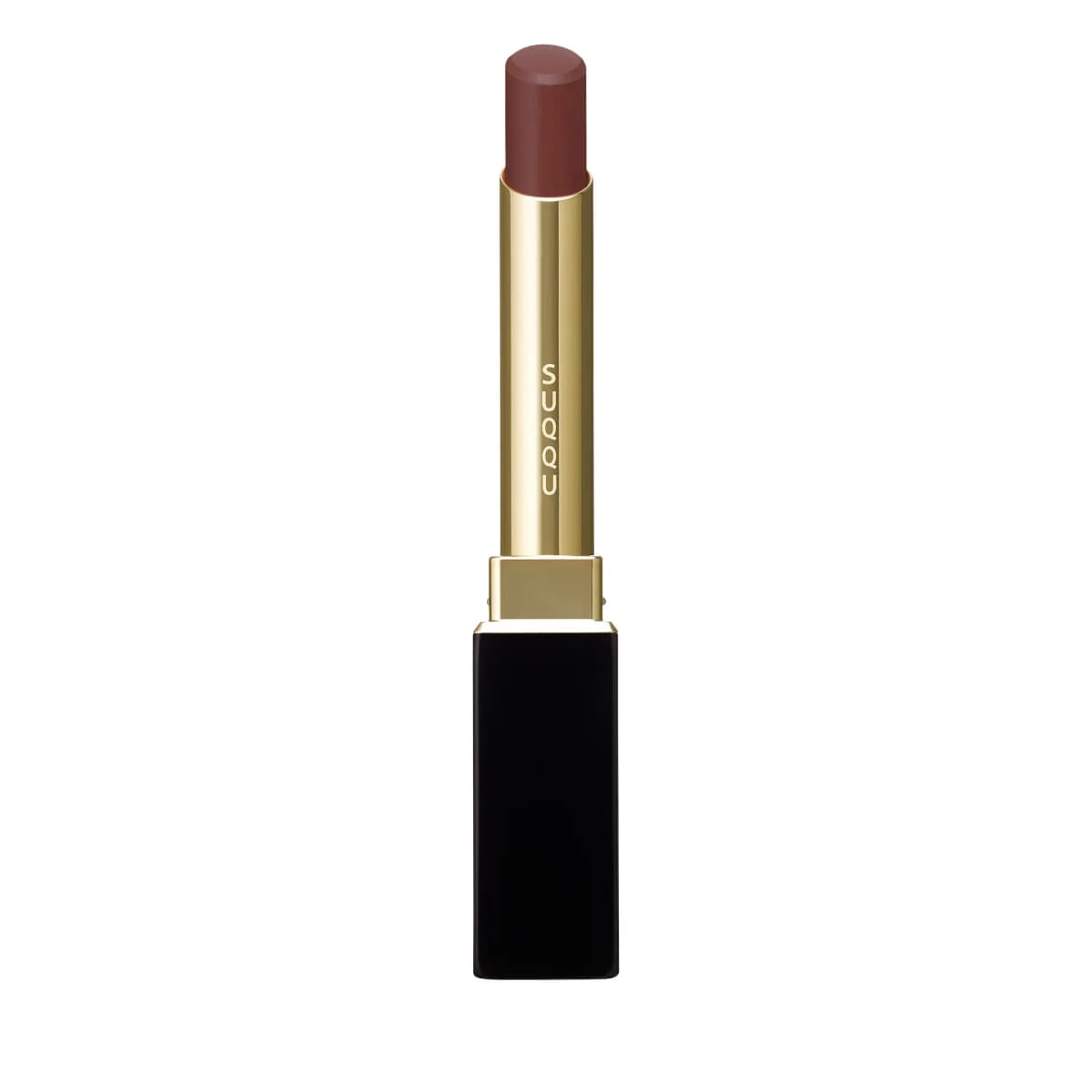Deep brown-red lipstick in a slim gold and black SUQQU tube