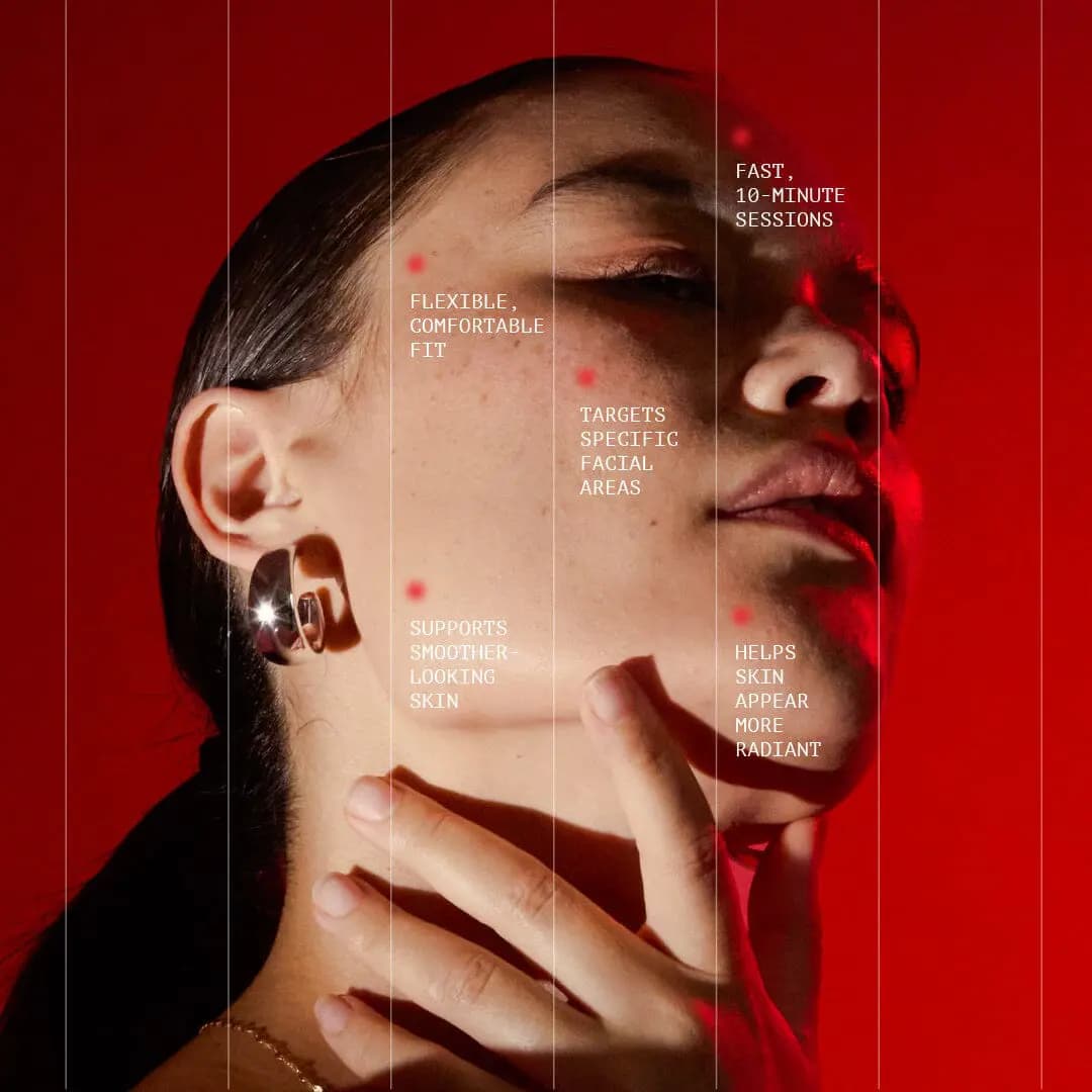 Model's face bathed in red light with text labels for 10-minute sessions, flexible fit and more radiant skin