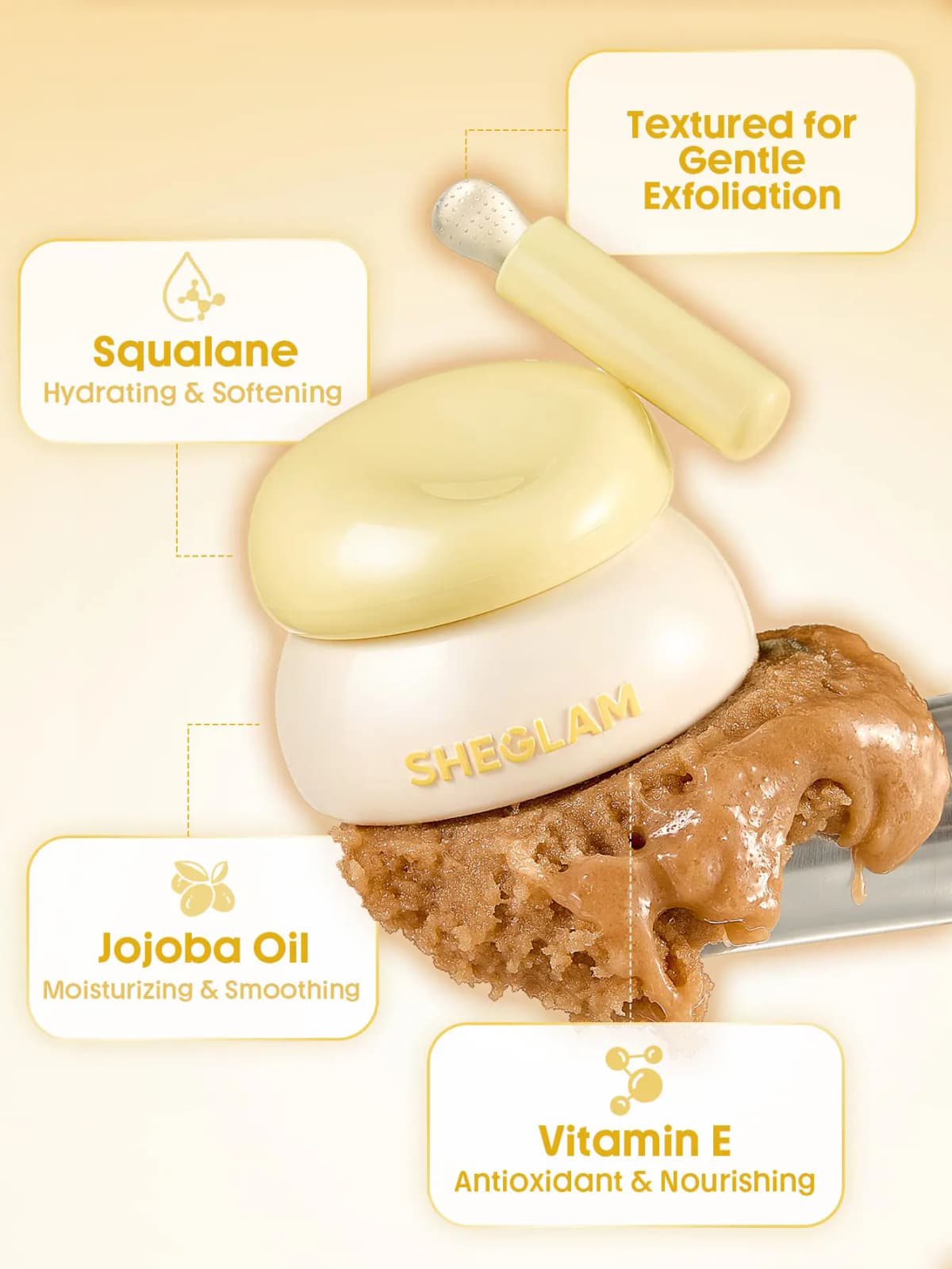 Lip scrub jar on a scoop of brown sugar scrub with callouts for squalane, jojoba oil, vitamin E and textured tip
