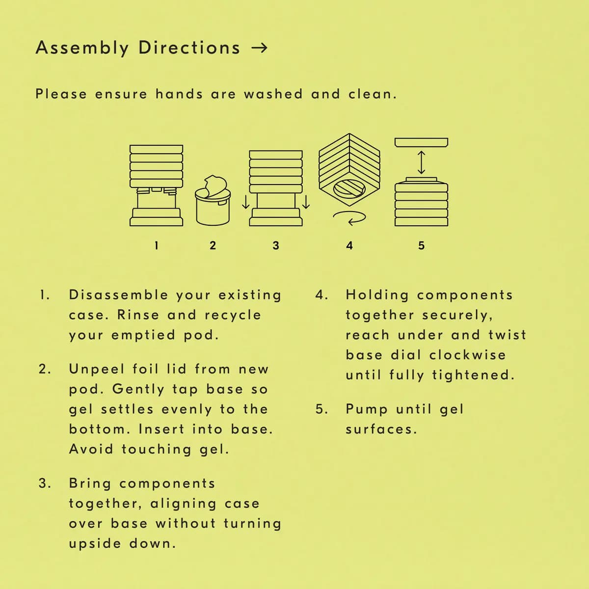 Five-step line diagrams with text explaining how to insert a refill pod and reassemble the case