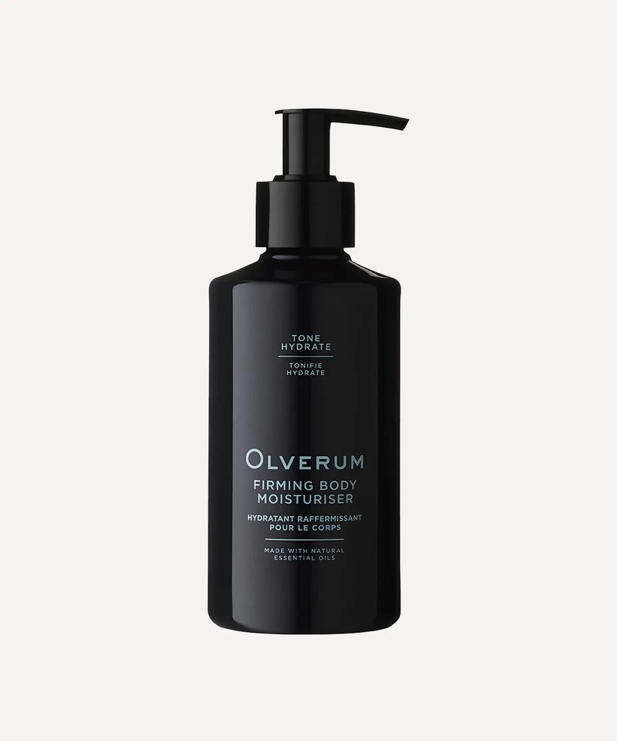 Olverum Firming Body Moisturiser in a black pump bottle with pale blue lettering