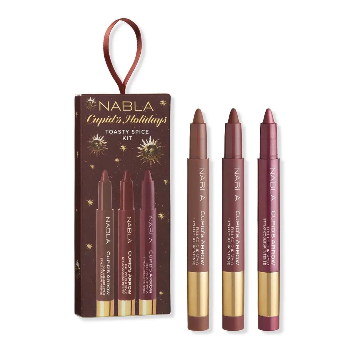 Burgundy Cupid's Holidays Toasty Spice Kit ornament box with three brown, rose and plum pencils