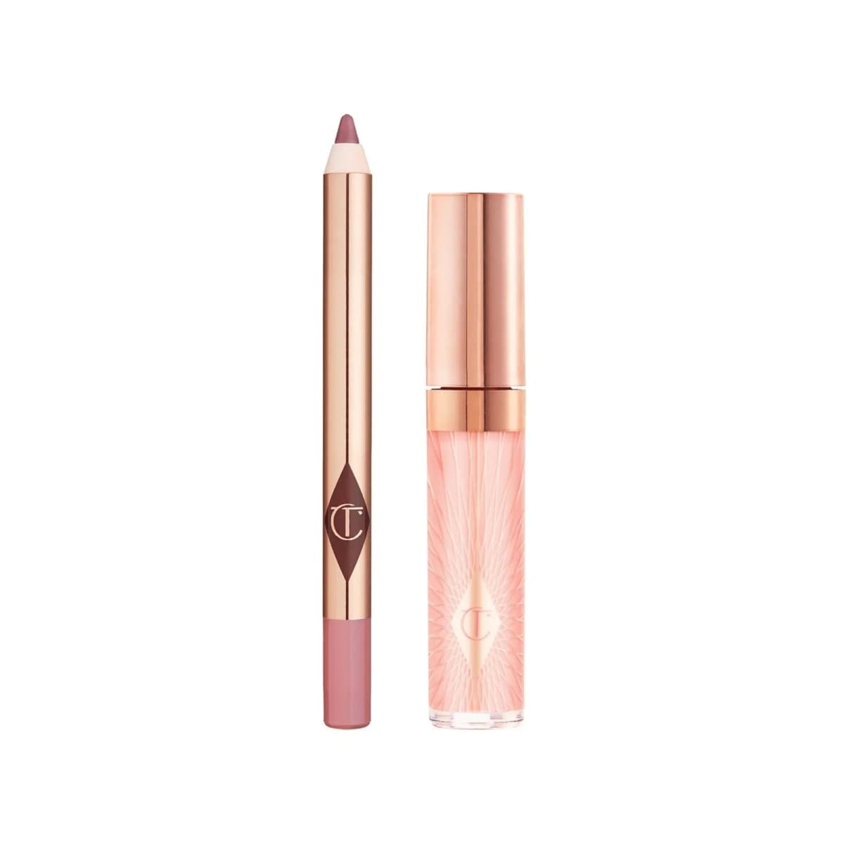 Rose-gold lip liner in a mauve pink shade beside a peach lip gloss tube, both with a CT monogram