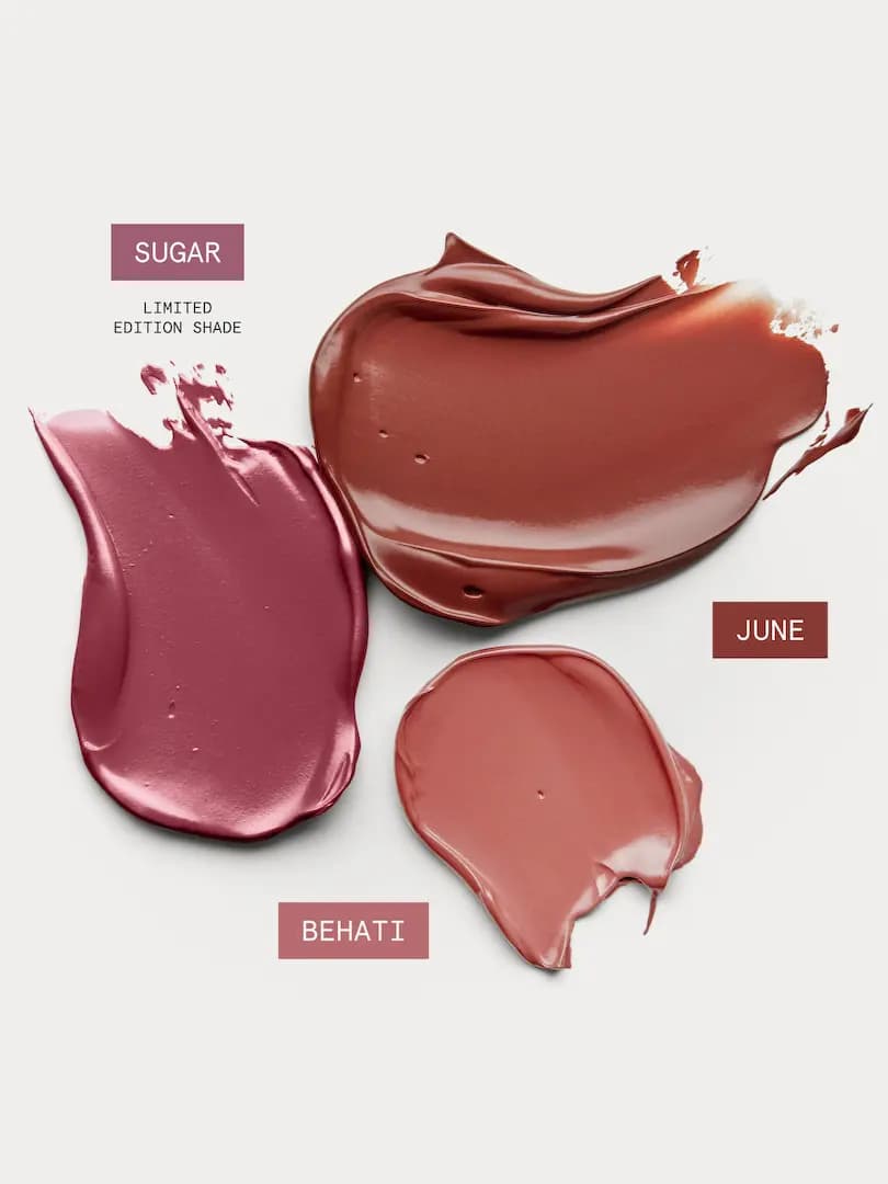 Creamy swatches of mauve Sugar limited edition shade, terracotta June and warm pink Behati liquid blush