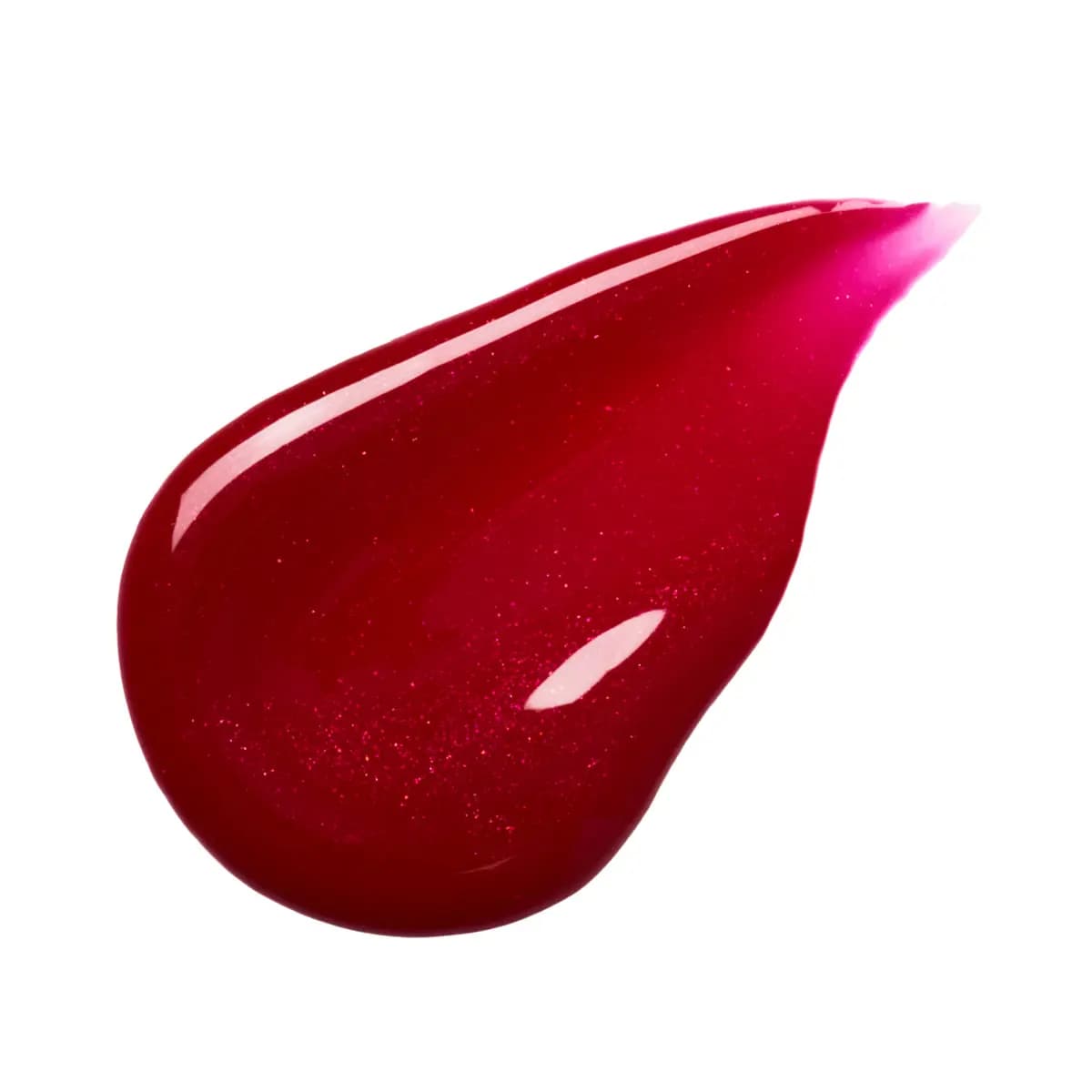 Sparkly red lip gloss swatch in a teardrop shape on white background