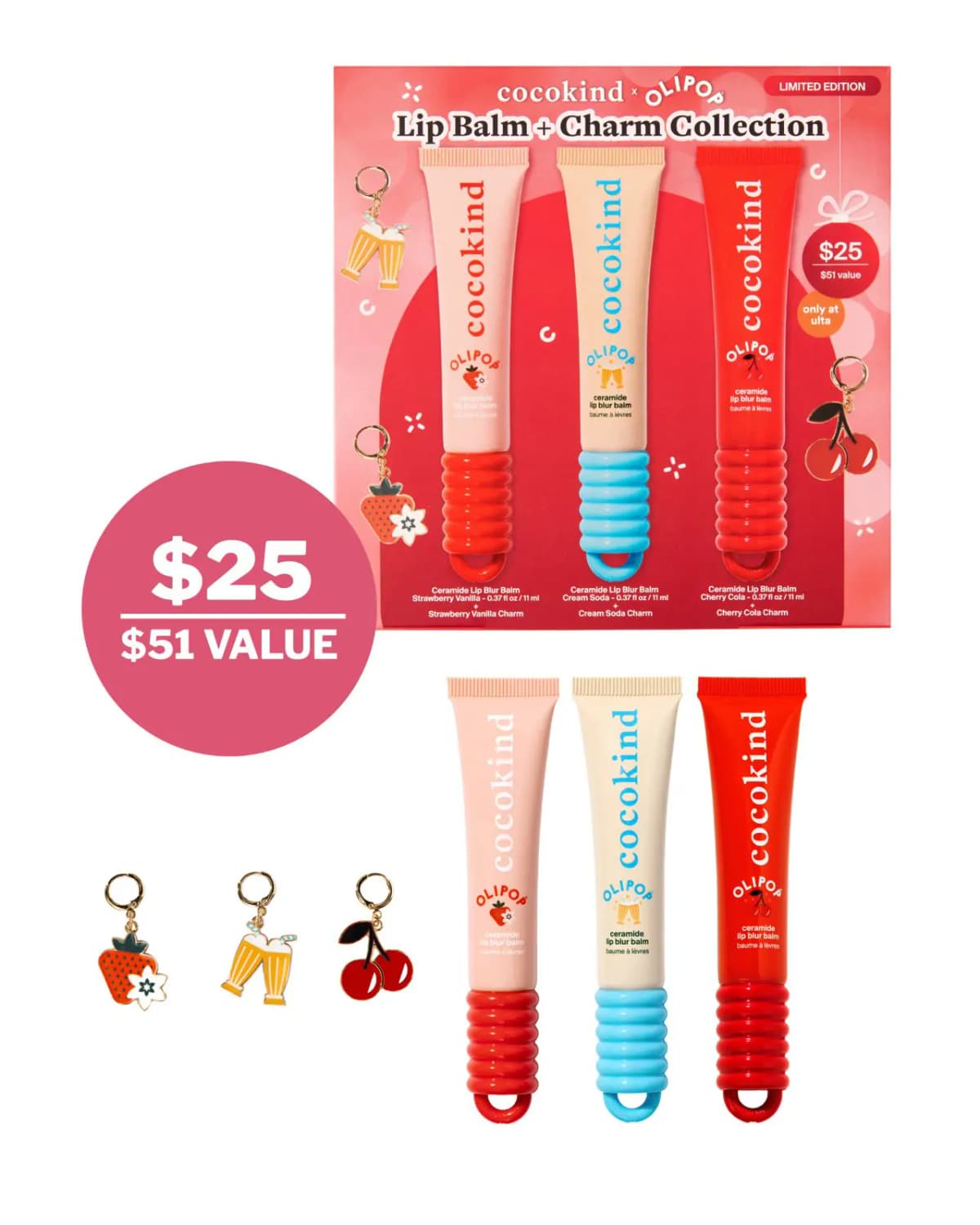 OLIPOP Lip Balm + Charm Collection box with pink, cream and red balms, three fruit charms and a $25 badge