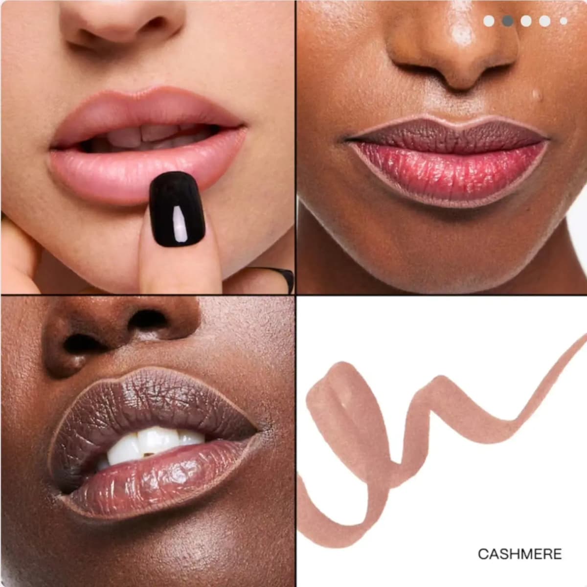 Cashmere soft beige-nude liner shown on three lip close-ups across skin tones, with a squiggle swatch