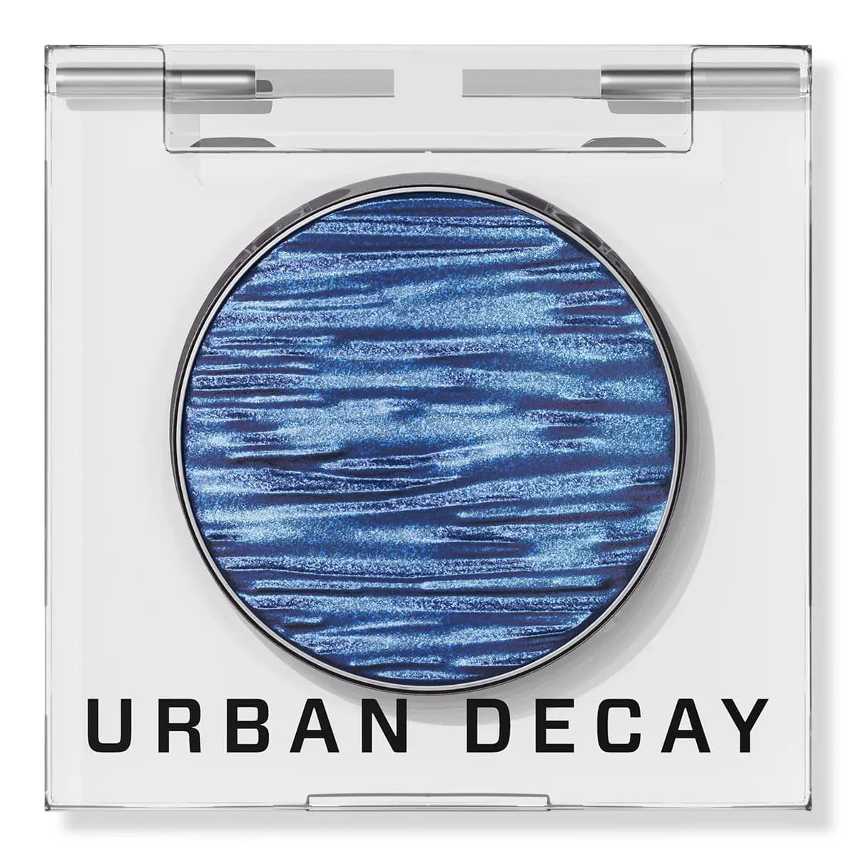 Urban Decay Chrome Melts in Zero Chill, a rippled metallic cobalt blue eyeshadow in a clear compact.