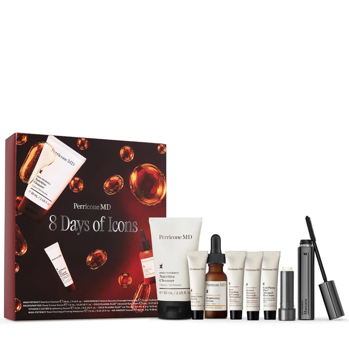 Perricone MD 8 Days of Icons box beside its cleanser, serums, moisturizer tubes, lip balm and mascara on white