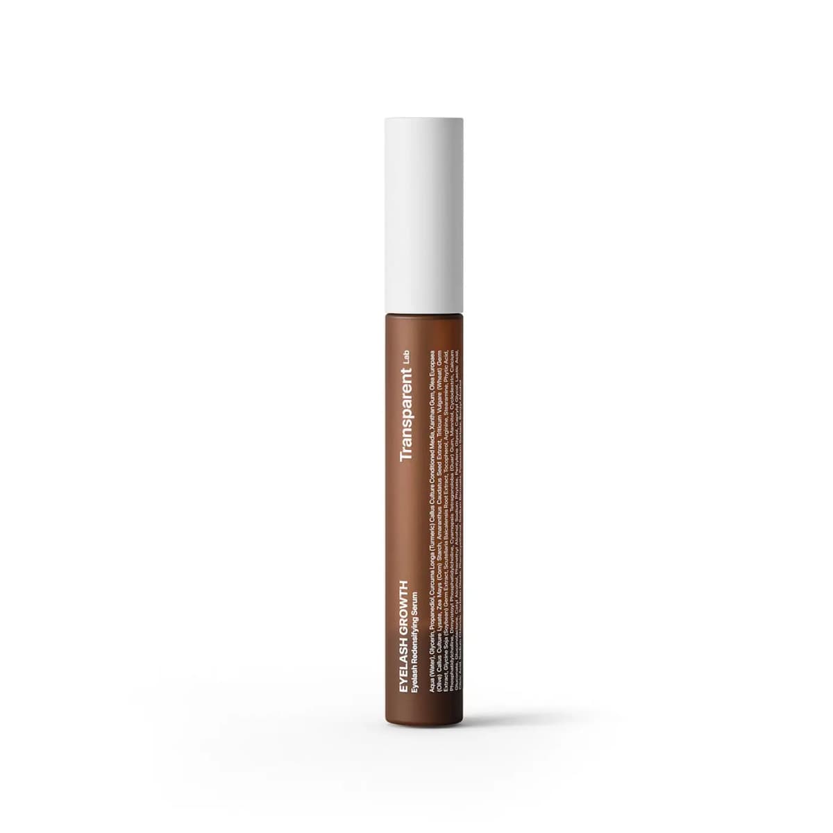 Slim brown tube with white cap of Transparent Lab Eyelash Growth Redensifying Serum