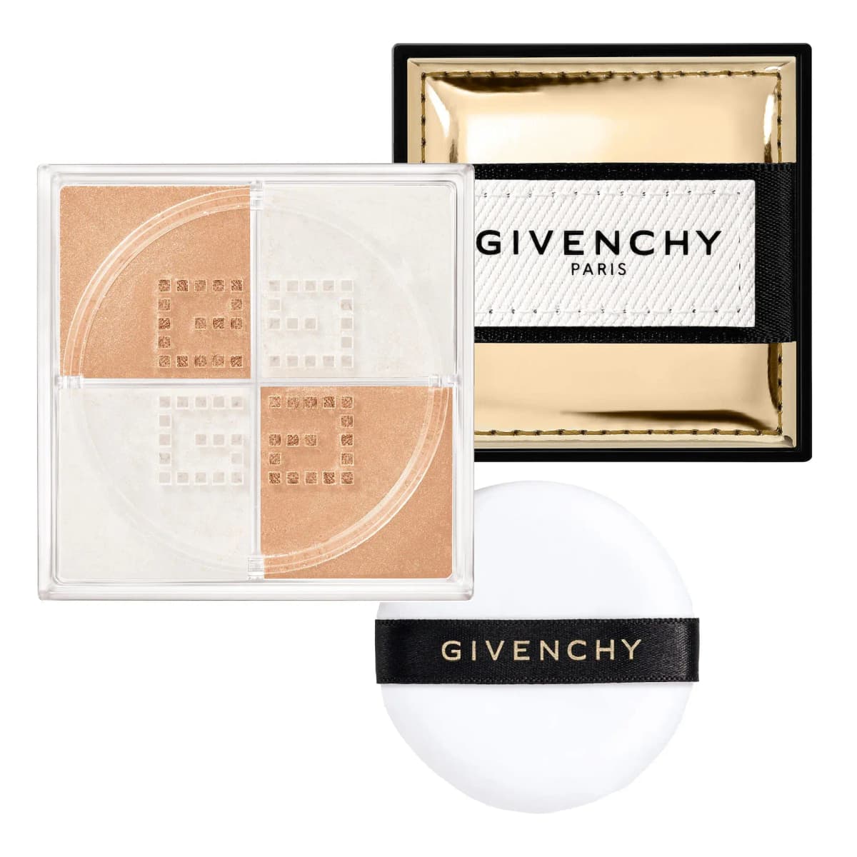 Givenchy Prisme Libre loose highlighter opened to show peach and pearl-white quadrants, with gold lid and white puff