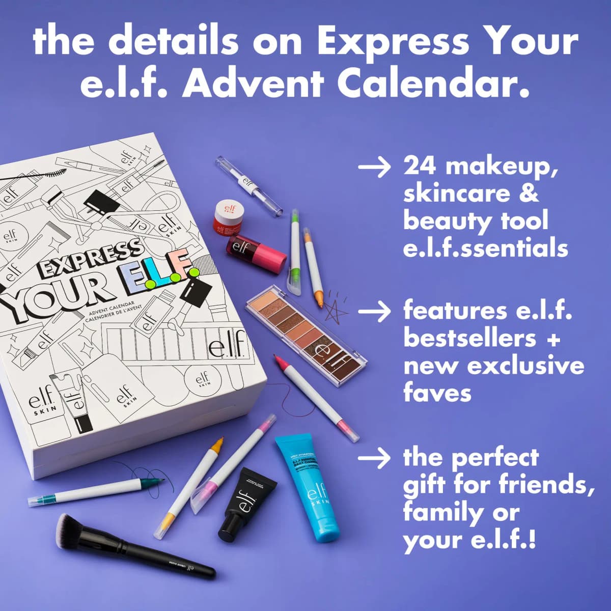 Calendar box on purple with products and coloured pens, beside white text listing 24 e.l.f.ssentials and bestsellers
