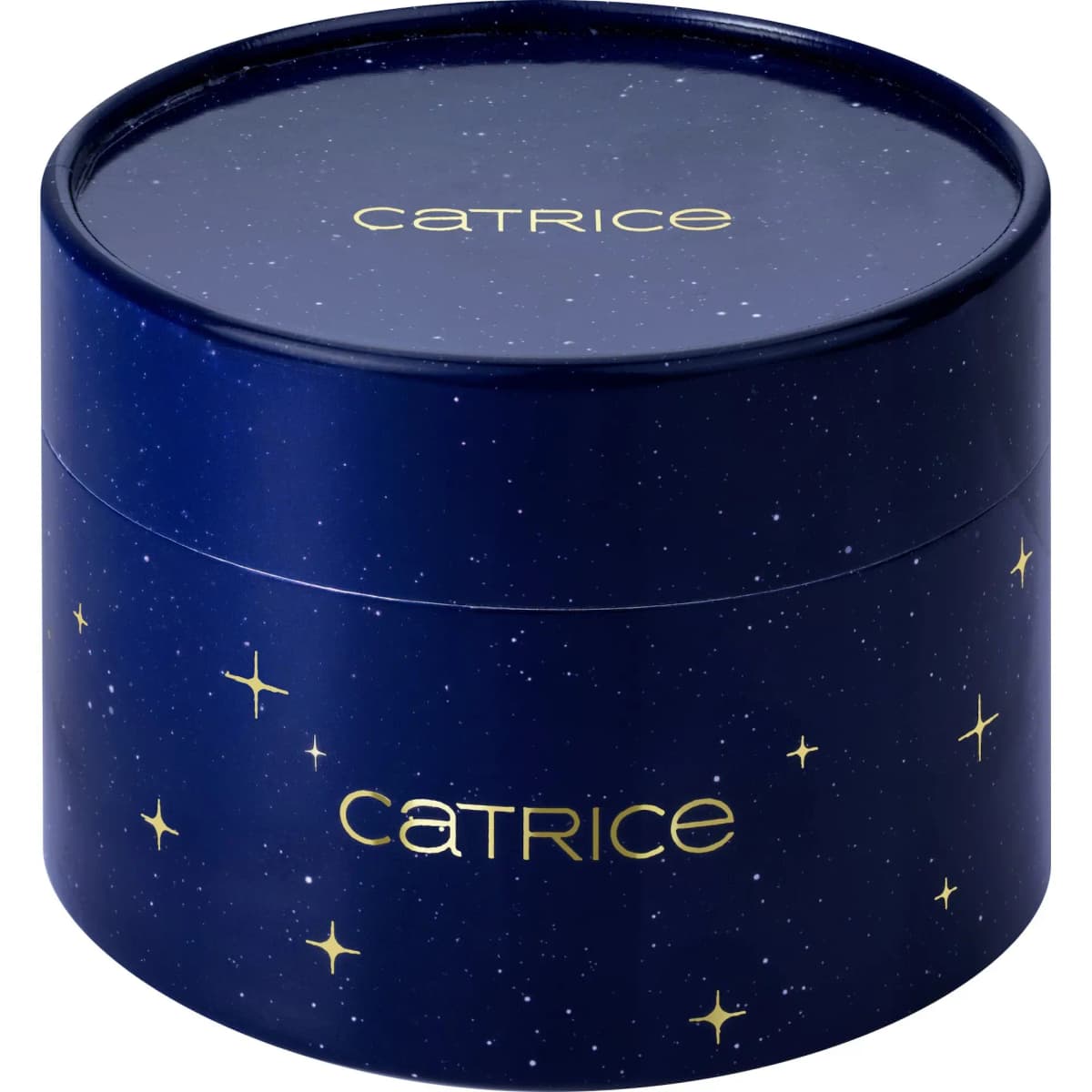 Closed round navy Luminous Body Highlighter box with speckled star print and gold logo on lid and side
