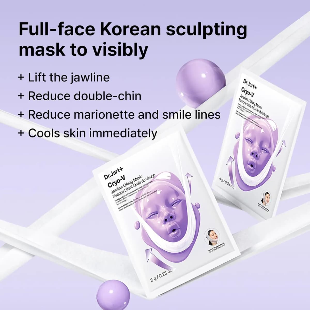 Two Cryo-V mask sachets on lavender background listing benefits like lifting jawline and reducing double chin.