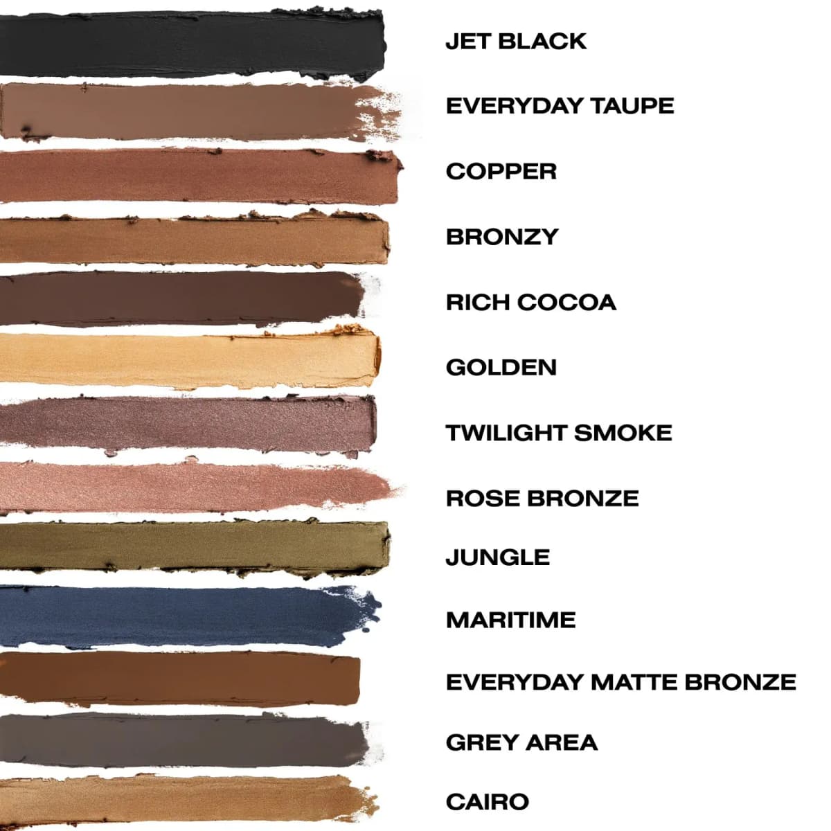 Thick swatches of 13 liner shades labelled from Jet Black to Cairo on a white background.