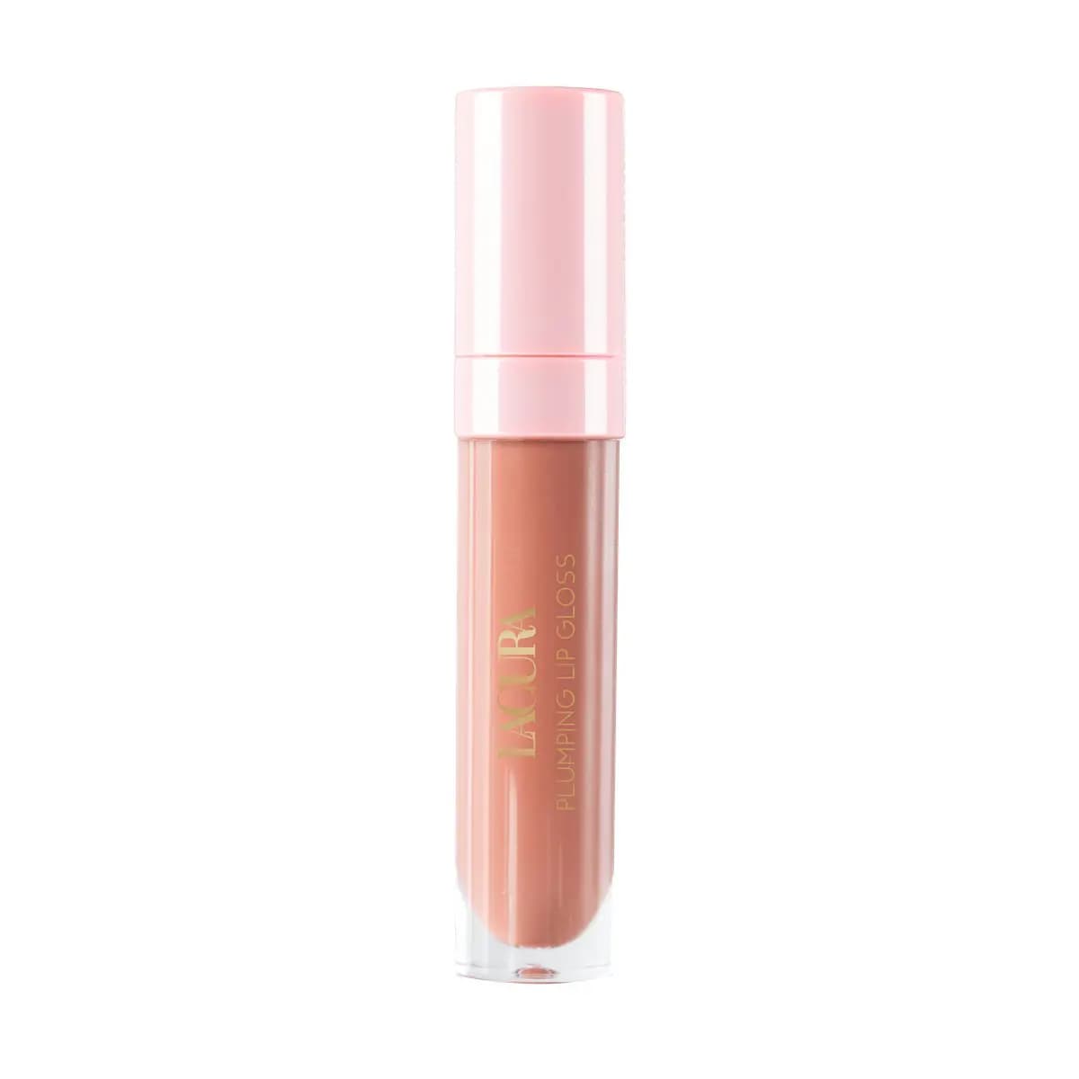 Lacura Plumping Lip Gloss in a peachy-nude shade with a glossy pale pink cap