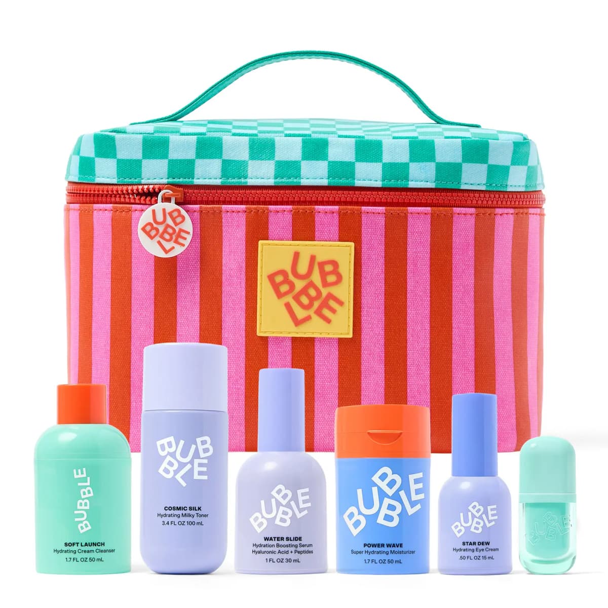 Pink and red striped vanity bag with teal checkered lid behind six Bubble products including Water Slide and Star Dew