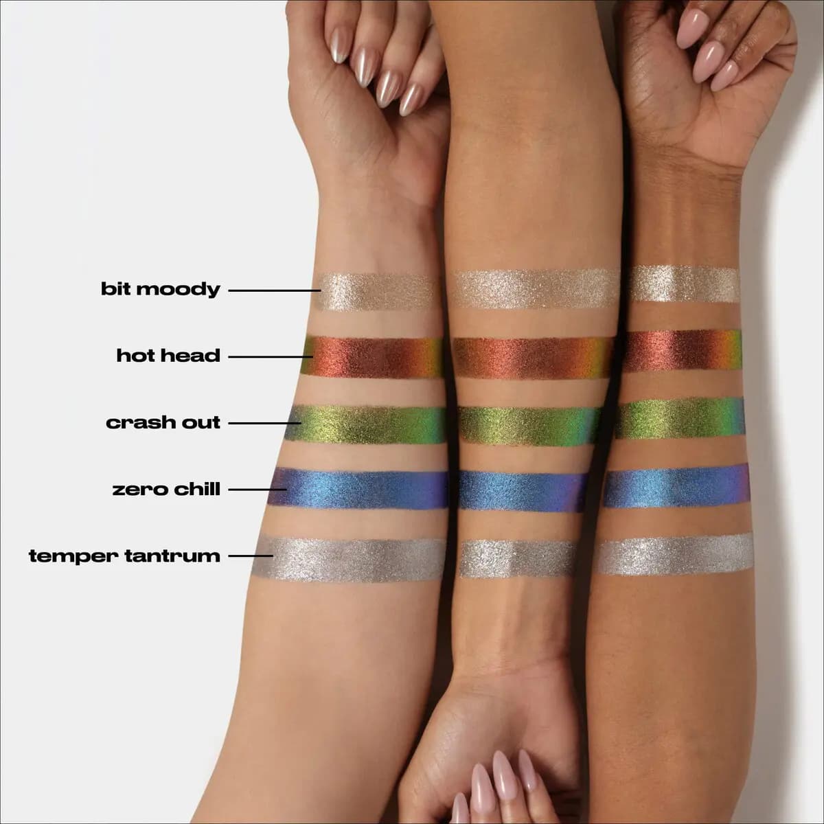 Three forearms of different skin tones with labeled stripes of all five shades showing metallic and color-shift finishes.