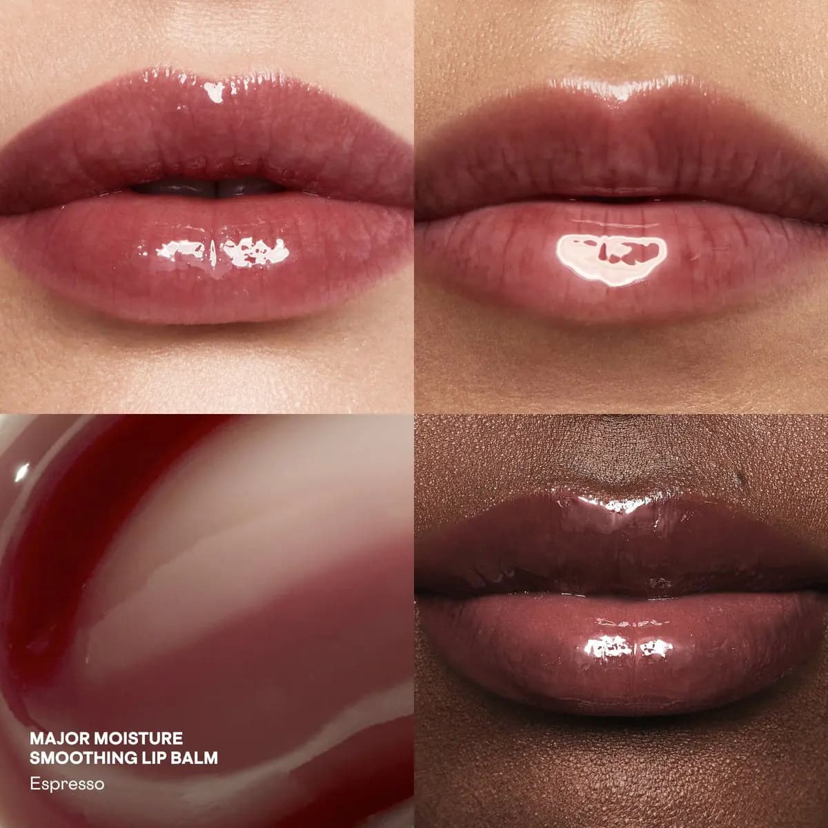 Close-ups of lips glossed with Patrick Ta Major Moisture lip balm in Espresso, a deep brown