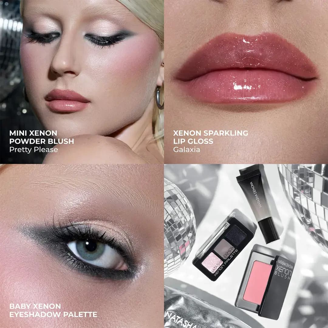 Grid of a blonde model with pink blush, a sparkling glossy lip, a grey smoky eye, and Xenon products among disco balls.