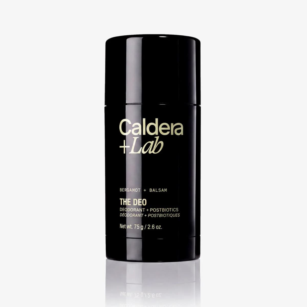 Caldera + Lab The Deo natural deodorant, a glossy black 75 g stick with gold Bergamot + Balsam lettering, on white