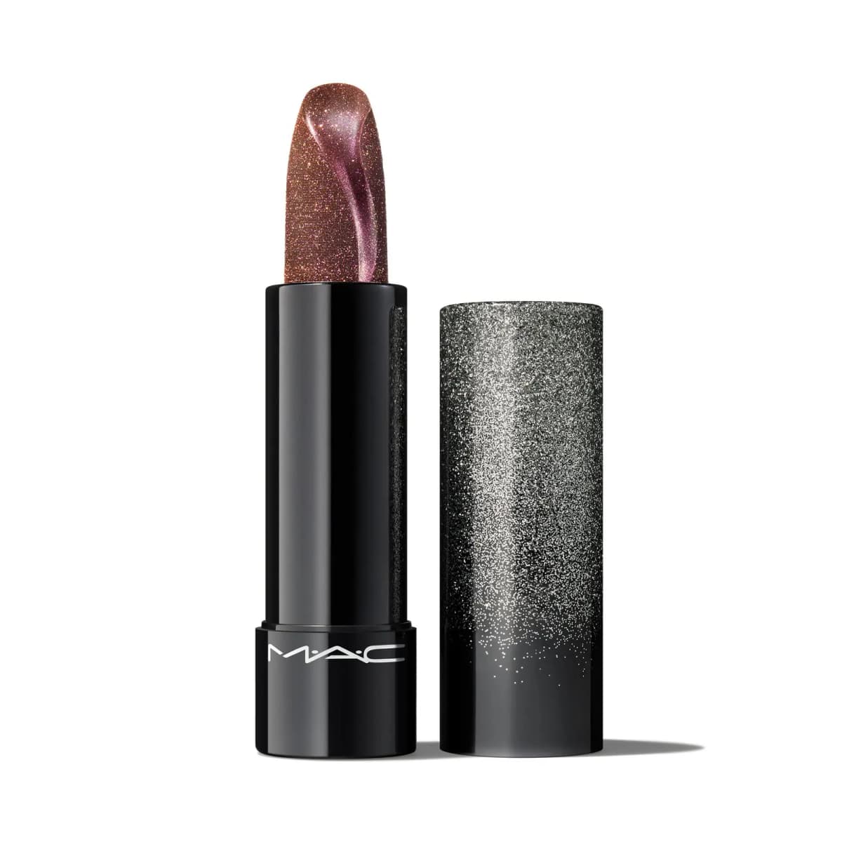 M·A·C lipstick with a bronze-brown glitter bullet and pink pearl swirl in a black tube beside a silver glitter cap.