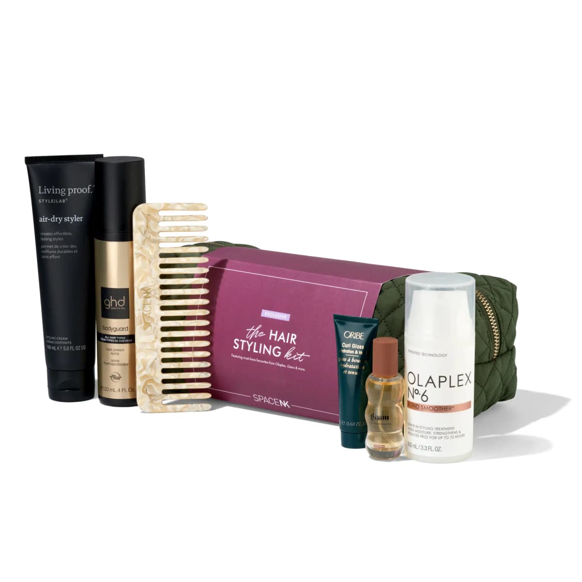 Hair Styling Kit with plum sleeve on green bag, Living Proof, ghd bodyguard, pearl comb, Oribe, Gisou and Olaplex No.6