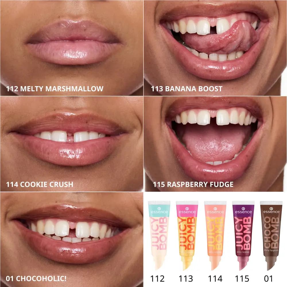 Lip swatches of shades 112 Melty Marshmallow, 113 Banana Boost, 114 Cookie Crush, 115 Raspberry Fudge, 01 Chocoholic!