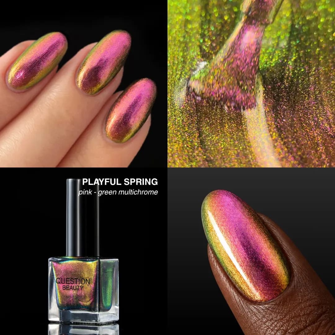 Playful Spring pink-green multichrome glowing magenta and gold on nails, with a macro brush shot and bottle