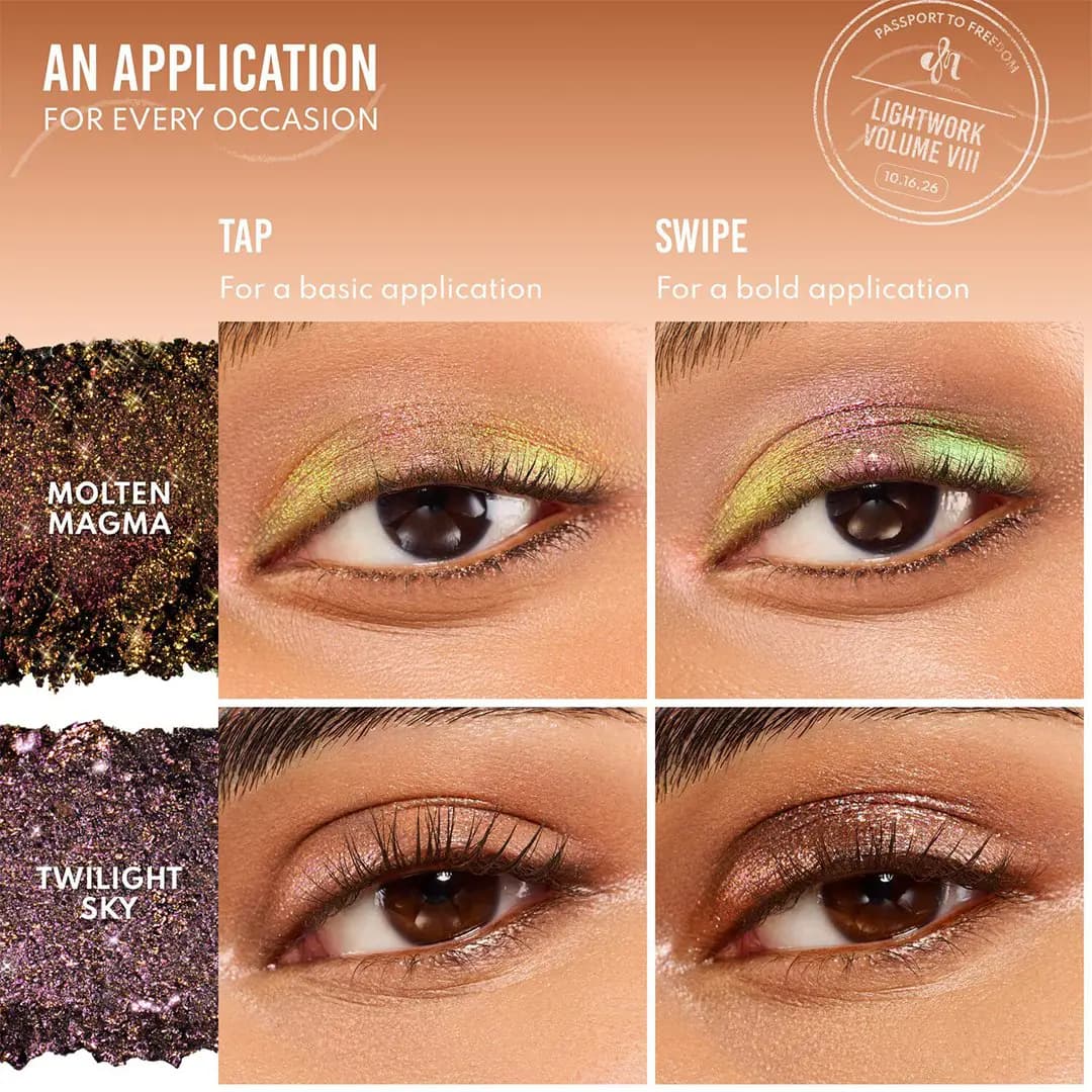 Tap versus swipe application of Molten Magma and Twilight Sky on a brown eye