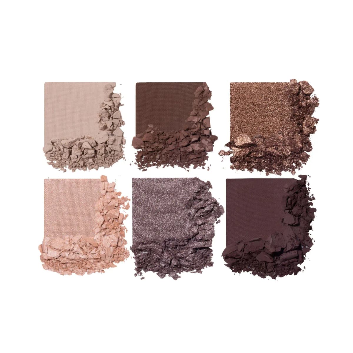Crushed swatches of six Cool Earth shades: beige and brown mattes, bronze, peach and taupe shimmers, deep plum matte