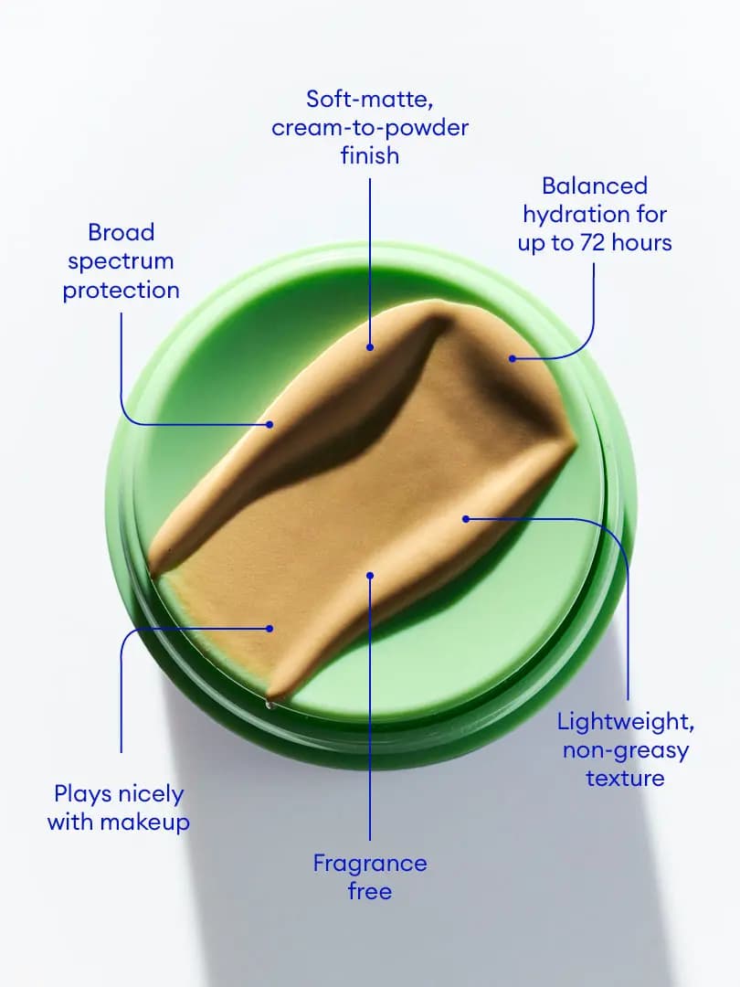 Tinted beige swatch on a green lid, labelled soft-matte finish, fragrance free, lightweight texture and 72-hour hydration